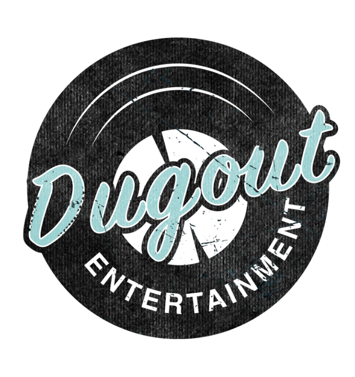 The final Dugout Entertainment logo — a vinyl record with retro script lettering