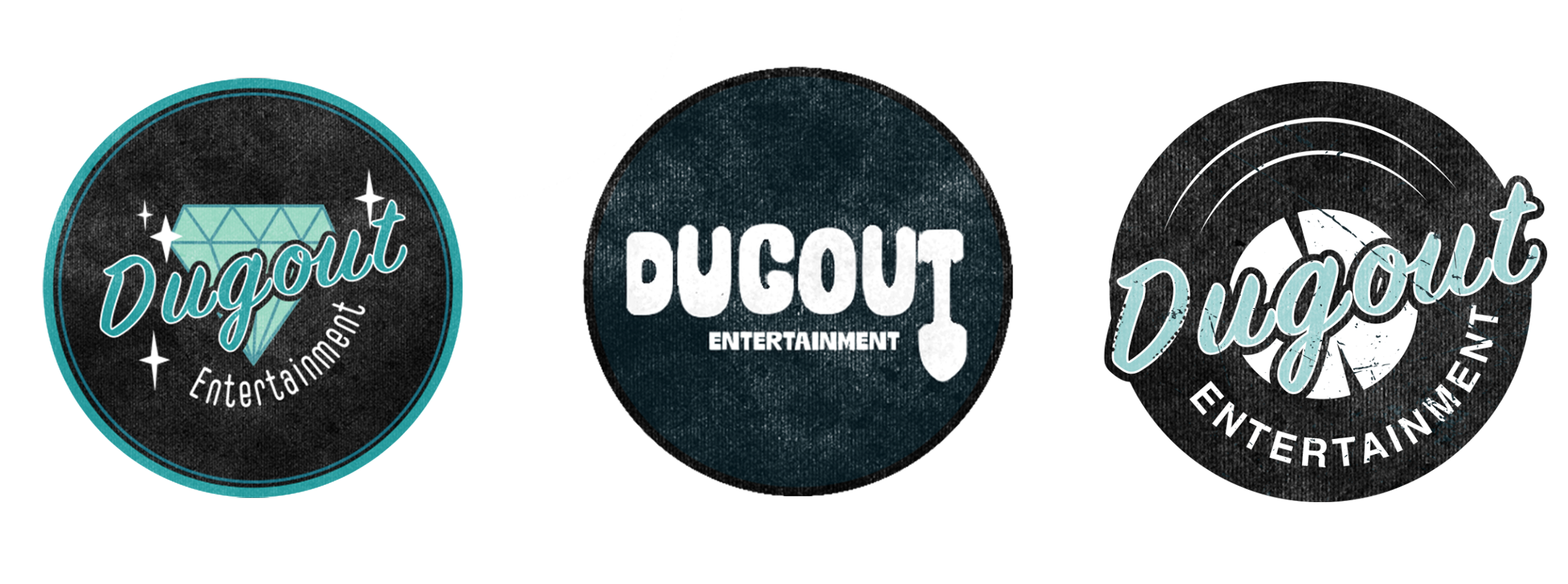 Three early logo concepts for Dugout Entertainment — the gem, the shovel, and the record